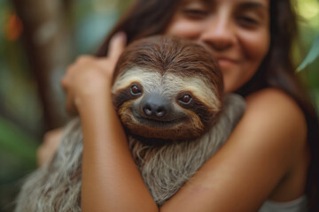 Fototapeta premium A woman is gently cradling a threetoed sloth in her embrace. Generative AI