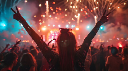 Audience at a summer music festival, enjoying the live performance and light show