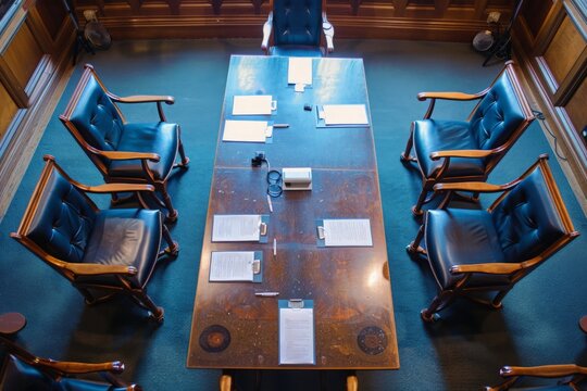A jury deliberation room with chairs around a table, legal documents, and notepads, representing the decision-making process in a trial