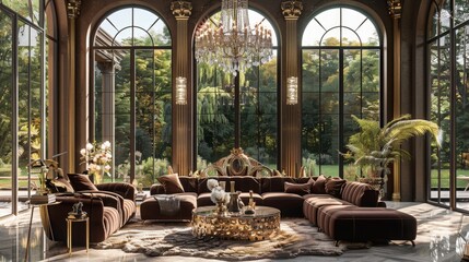 A luxurious living room with velvet sofas, crystal chandeliers, gold-accented decor, and...