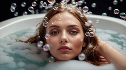 Radiant Woman with Natural Skin Relaxing in Bubble Bath for Skincare