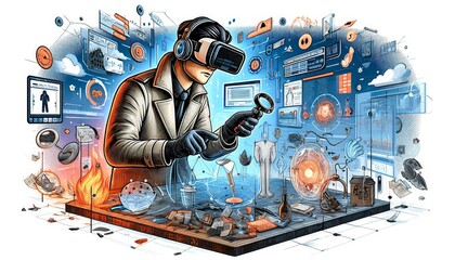 An illustration of a detective exploring a virtual reality crime scene, examining digital clues.