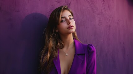 An attractive and stylish girl stands confidently against a backdrop of deep purple, her lovely demeanor and well-dressed attire making a bold statement.
