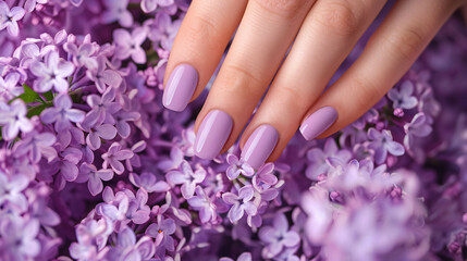Fototapeta premium Woman's hand with purple manicure on lilac flowers background