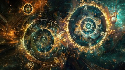 An abstract representation of time, with swirling clocks and hourglasses merging and diverging.