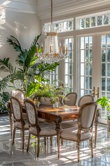 A refined home office with dark wood furniture, leather chairs, antique bookshelves, and a large window providing ample natural light