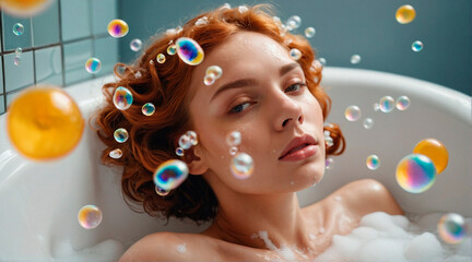 Radiant Woman with Natural Skin Relaxing in Bubble Bath for Skincare
