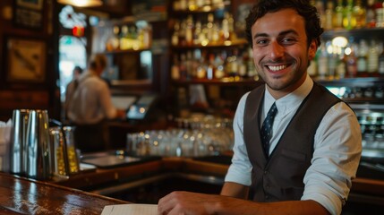 . A friendly waiter, wearing his work uniform, poses with a bright smile as he makes notes in his notepad, the energetic ambiance of the bar counter enhancing the photo. 