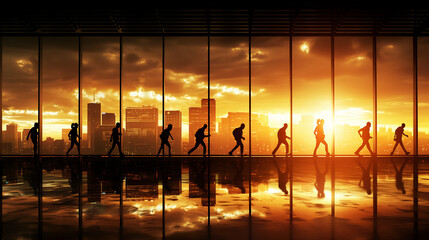 Pedestrians are Dressed Smartly. Successful People Walking in Downtown. Three businesswomen walking on the sidewalk business people crowd walking commuting in the city, lights and motion blur abstract