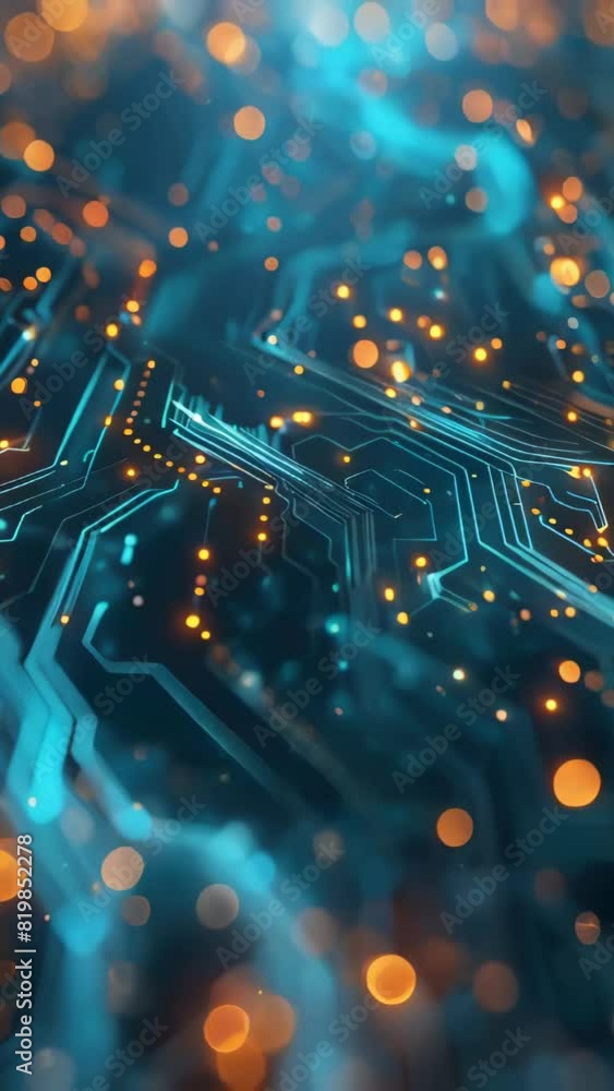 Poster a computer chip with a blue background and orange lines