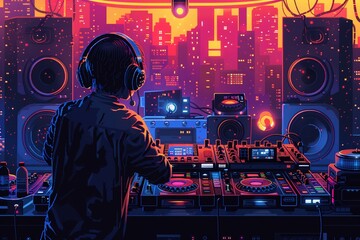 A DJ is mixing music in a club. The DJ is wearing headphones and is surrounded by turntables and mixers. The club is dark and the lights are flashing.