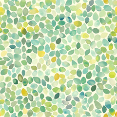 Illustration géométrique à l'aquarelle type mozaïque, feuilles vertes et jaunes, ambiance printanière poétique