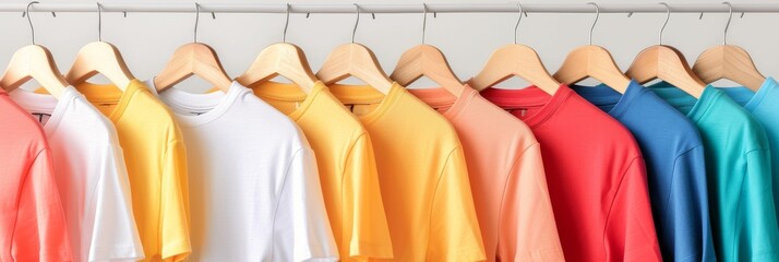 Selection of plain T shirts in different shades, hanging on stylish wooden hangers