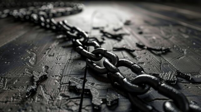 A symbolic image of a broken chain on a courtroom table, signifying the triumph of justice and the end of oppression or wrongful imprisonment