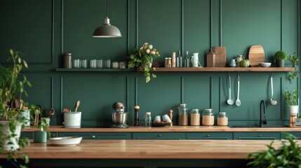 Kitchen design showcasing sleek green wall panels complemented by a rustic wooden shelf,