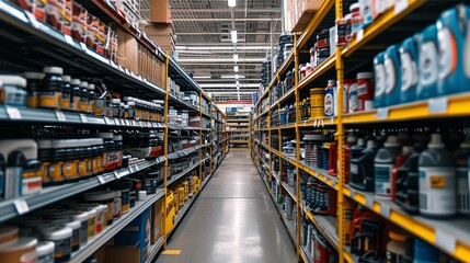 Shelves stocked with automotive consumables like coolant