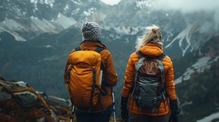 Two Women Hikers Observing Snow-Capped Mountains in Autumn. Generative ai