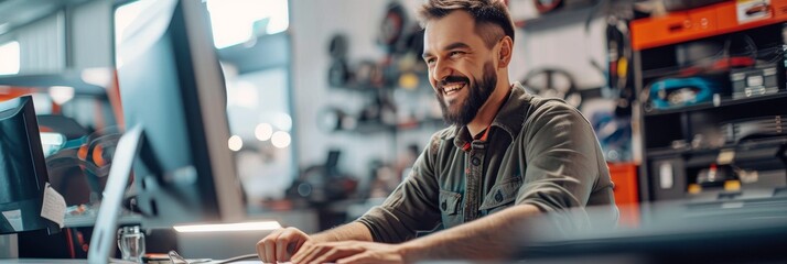 Happy salesman in a modern auto shop using a computer to sell, with various car parts, in the background