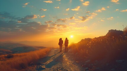 Golden Sunset Hike with Two Friends in Scenic Mountain Landscape. Generative ai