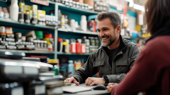 Happy salesman in a modern auto shop using a computer to sell, with various car parts, in the background