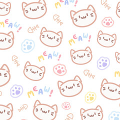 Kawaii Cute Seamless Pattern with Cat on White Background
