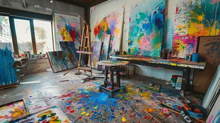 A vibrant artist's studio filled with colorful paint splatters, canvases in progress, and an artist...
