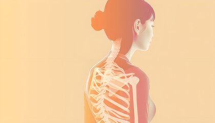 Woman with healthy back on beige background, closeup