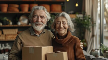 Senior Couple Moving into New Home, Smiling with Cardboard Boxes. Generative ai