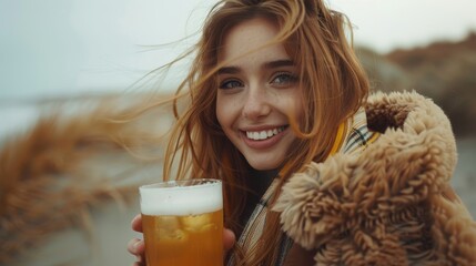 Smiling Young Woman Holding Beer Glass Outdoors in Autumn. Generative ai