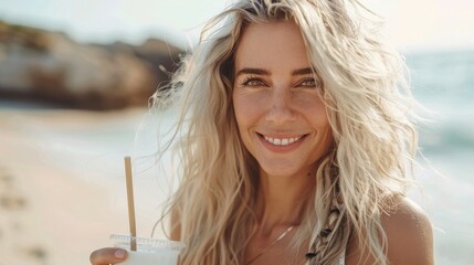 Smiling Woman Holding Drink at Sunny Beach. Generative ai