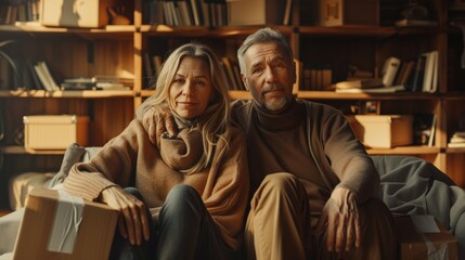 Affectionate Senior Couple Relaxing Together in Cozy Home Library. Generative ai