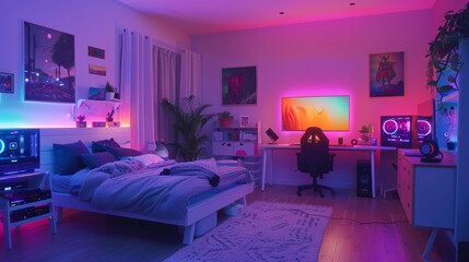 Modern Bedroom with Vibrant LED Lighting and Sleek Technology Setup. Generative ai