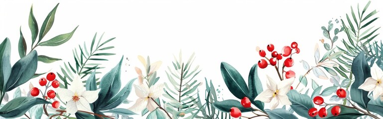 Festive flowers in a winter palette, including snowdrops, evergreen boughs and festive red berries