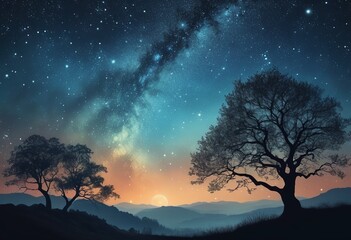 Fototapeta na wymiar A Painter's Dream: A Fantasy Landscape with Silhouetted Trees bathed in Starlight