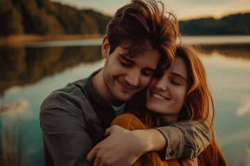 Fototapeta premium Happy man and woman hugging by the lake, smiling at each other. Generative AI