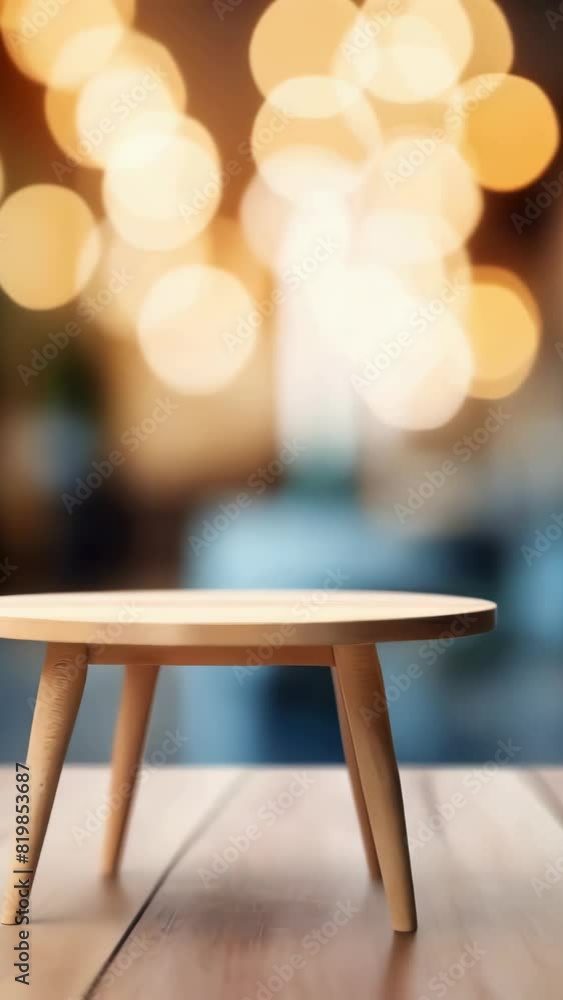 Aufkleber a wooden table with a round top and four legs. the table is empty and has a blurry background