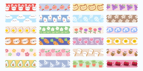 Hand drawn kawaii cute washi tape collection isolated on white background.