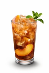 A glass of tea with a slice of peach on top