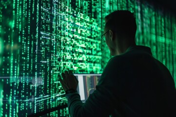 Hacker accessing a computer network with a glowing matrix code effect 