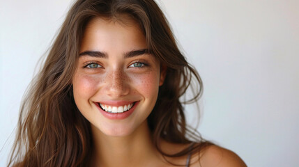 Naklejka premium Cheerful young woman with long hair smiling naturally, isolated on a white background