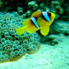 Clown fish  swimming near its coral home at the reef of Red Sea, Egypt