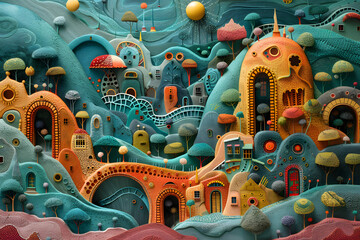 Colorful Illustration - Whimsical Village with Curved Architecture and Fantasy Trees