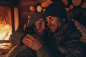 Obraz premium A man with a beard and a woman in a jacket are smiling in front of a fireplace. Generative AI