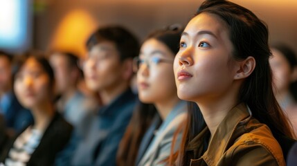 Obraz premium Engaged audience members listening intently as an Asian young woman presents her findings on urban infrastructure development.