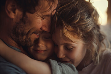 A man and a woman are hugging a little girl, smiling and showing affection. Generative AI