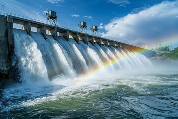 hydroelectric dam with rainbow over the water, emphasizing clean energy