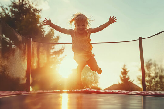 Kids Day. A happy little girl jumps on a trampoline under sunset sky. Generative AI