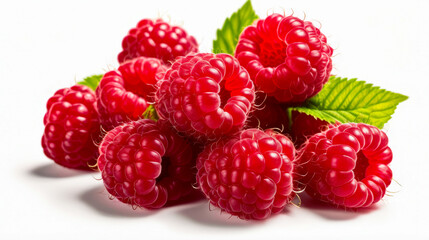 Bunch of red raspberries with green leaves on them.