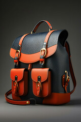 Purse with combination of orange and black colors featuring gold buckles.