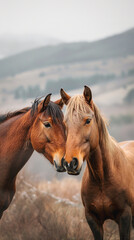 Obraz premium Wild Horses Interacting in Their Natural Mountain Habitat 